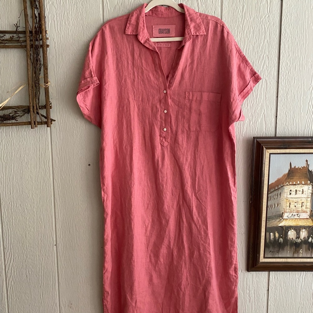 Frank&Eileen Grayson Pink 100% Linen The Artist Short Sleeve Full Length Dress L - Picture 2 of 14